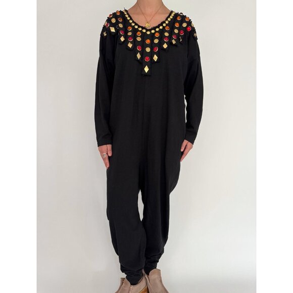80s black embellished funky crazy one piece long sleeved cotton pant jumpsuit - Picture 2 of 9